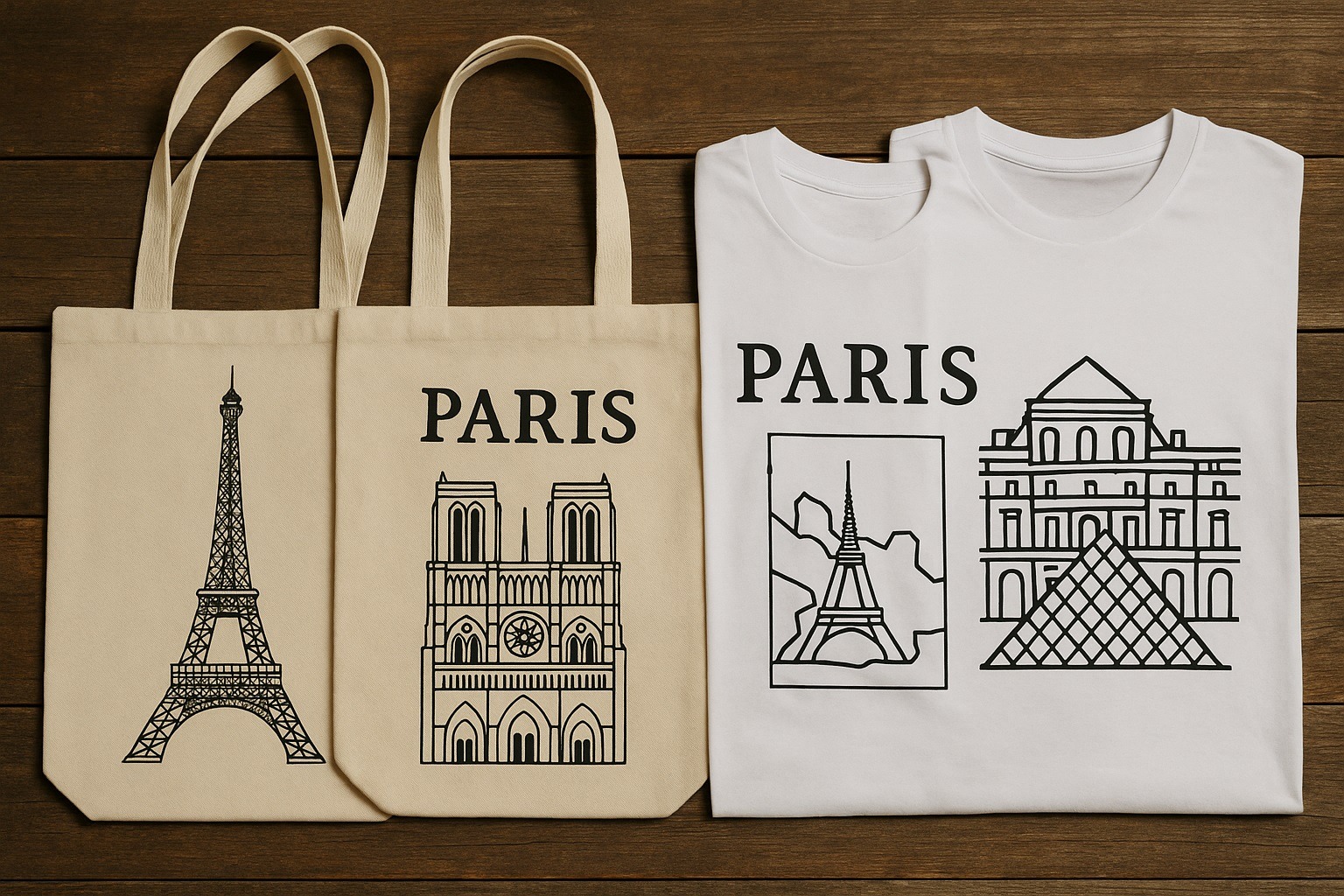 Paris temalı bez çantalar ve tişörtler
