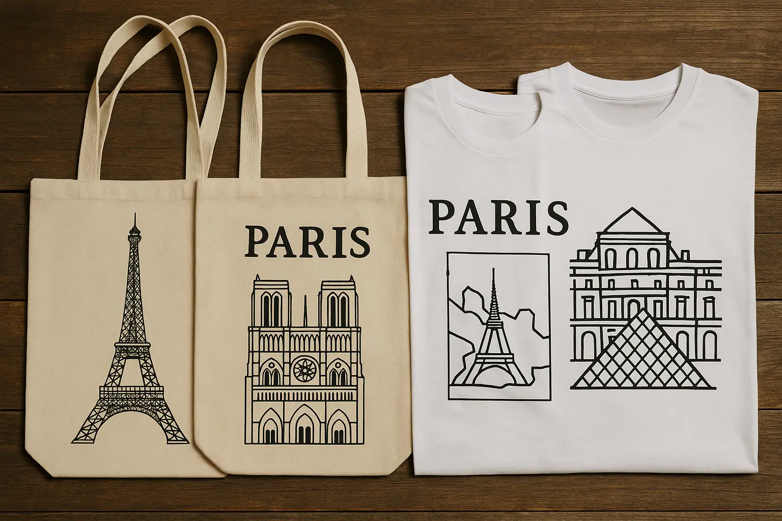 Paris temalı bez çantalar ve tişörtler