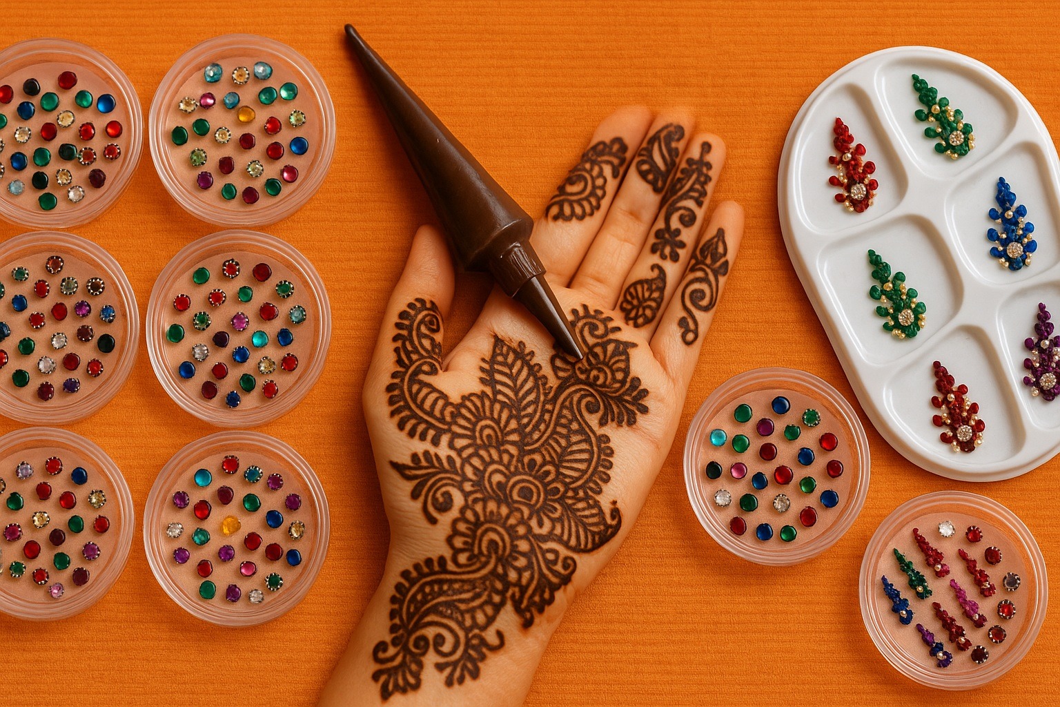 Bindiler ve dövmelik kına (mehndi)