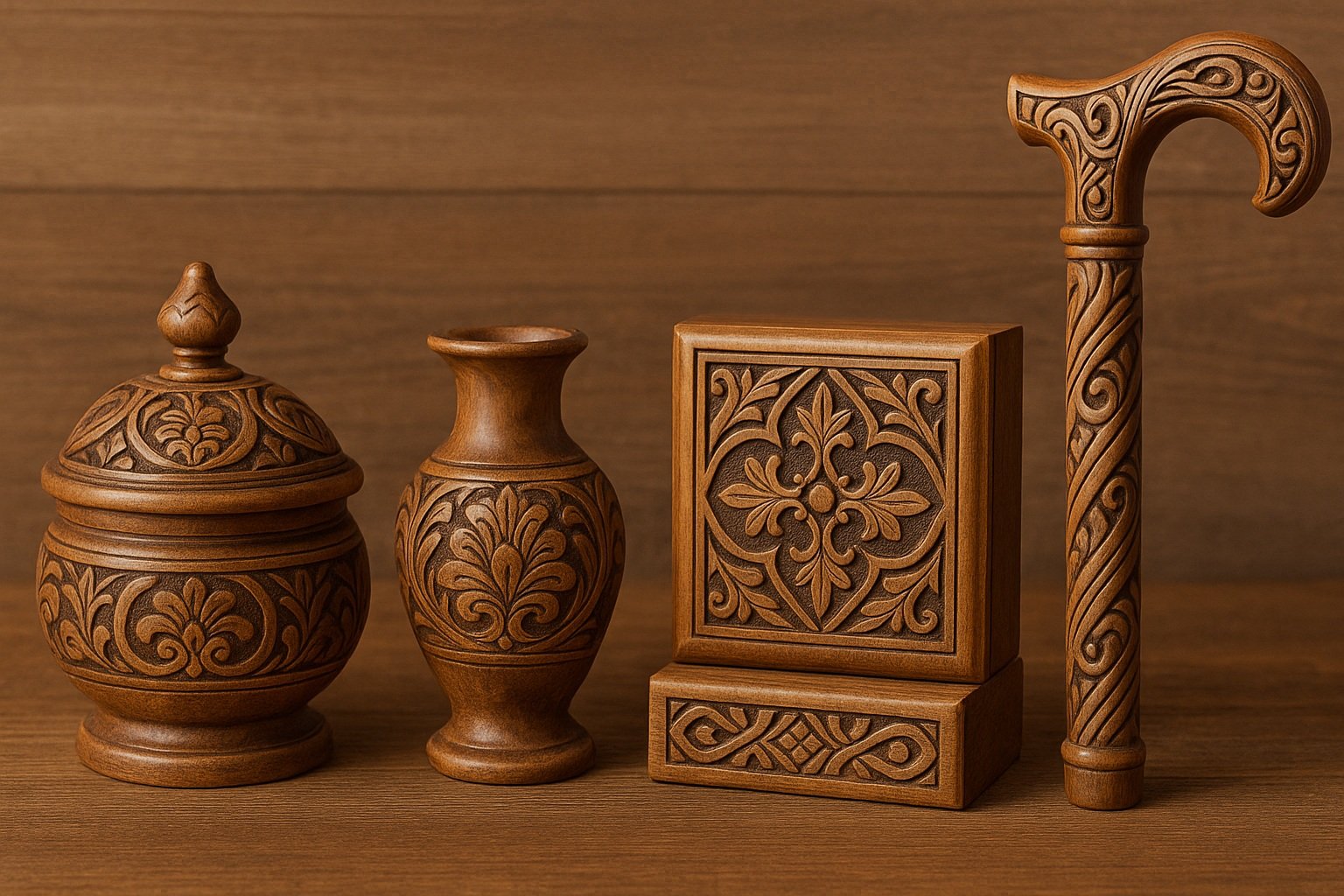 Ahşap oymalı süs eşyaları ve bastonlar