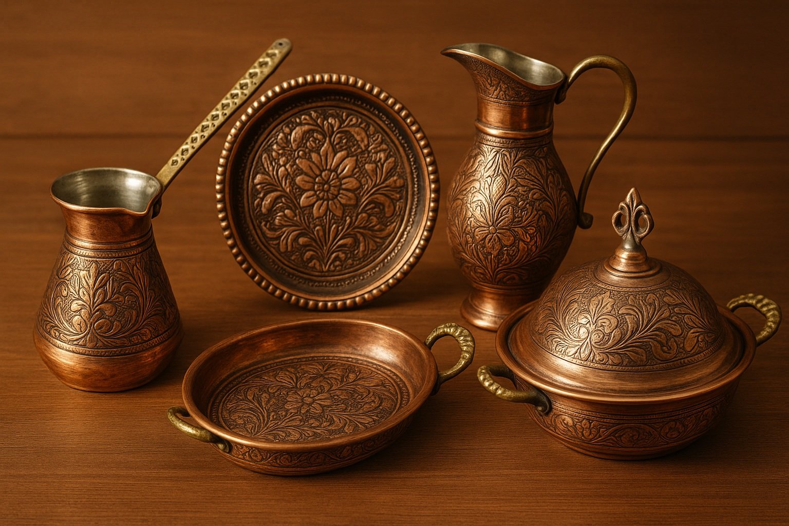 Bakır işlemeli mutfak gereçleri