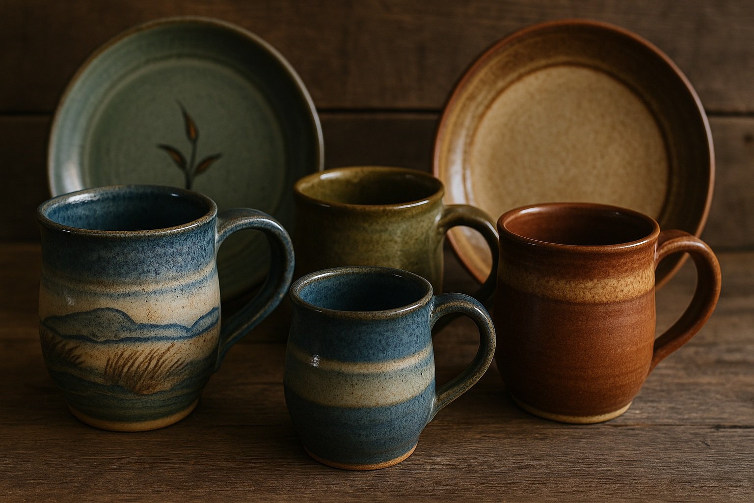 El yapımı seramik kupalar ve tabaklar