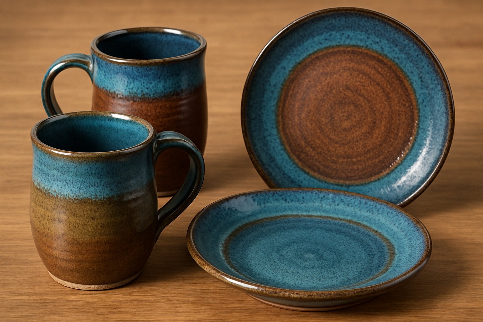 El yapımı seramik kupalar ve tabaklar