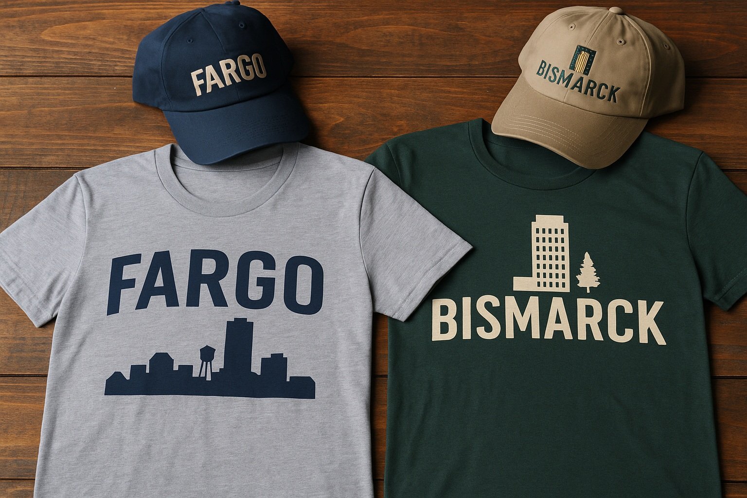 Fargo veya Bismarck logolu tişört ve şapkalar