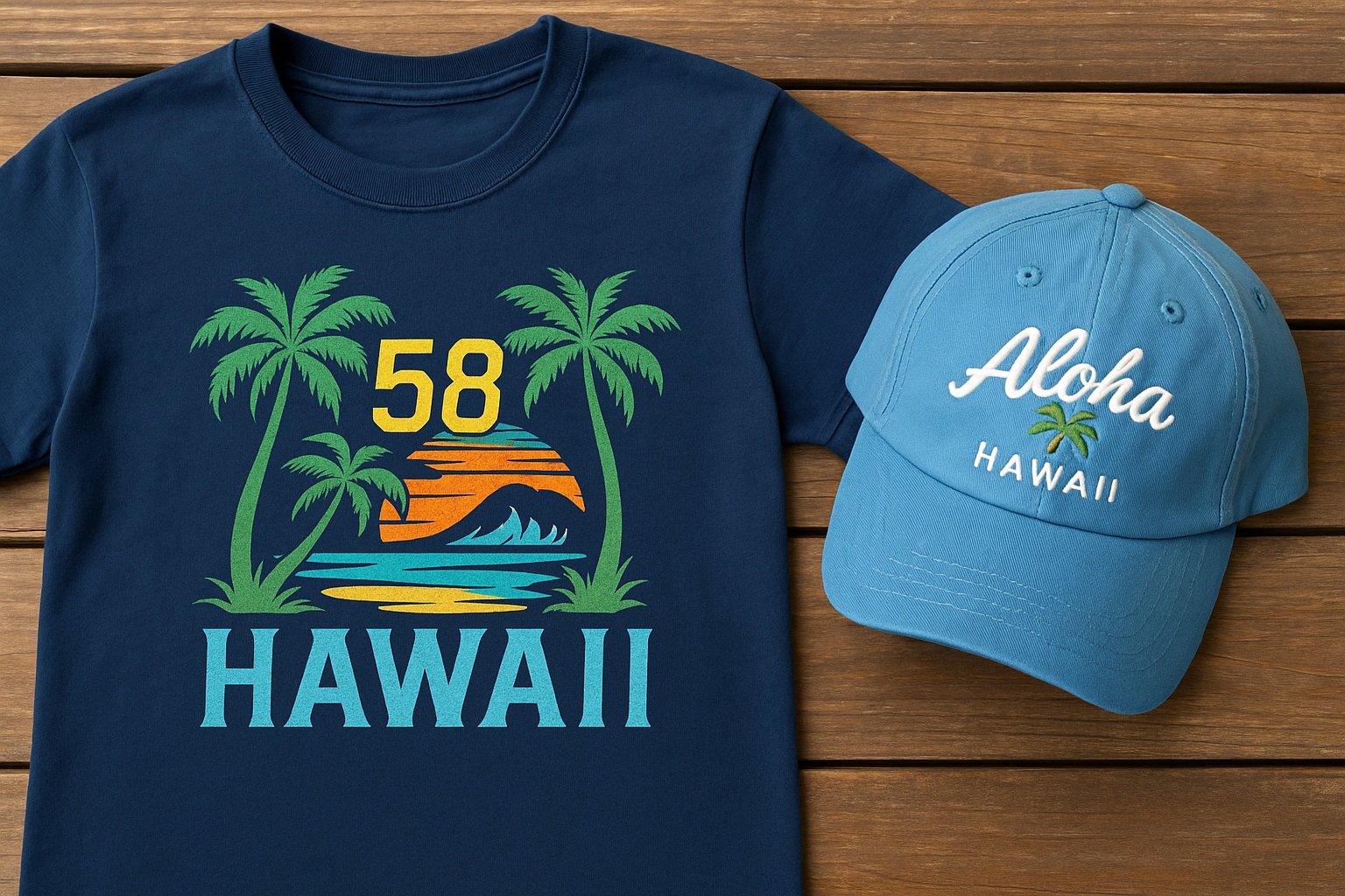 Hawaii temalı tişört ve şapkalar