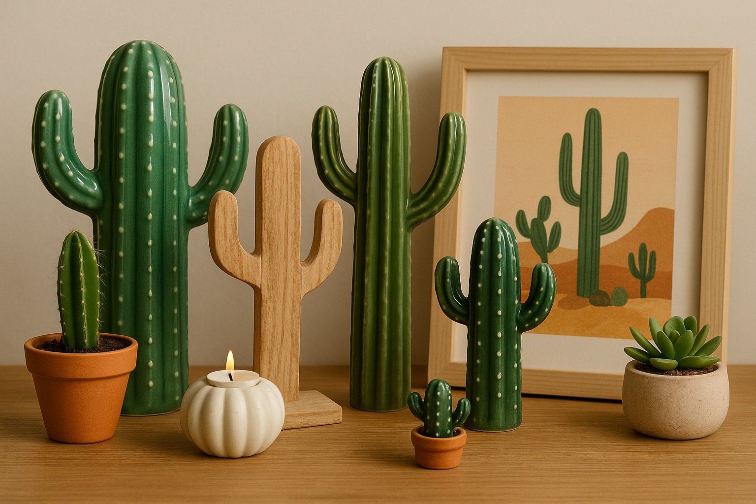 Kaktüs veya çöl temalı dekoratif objeler