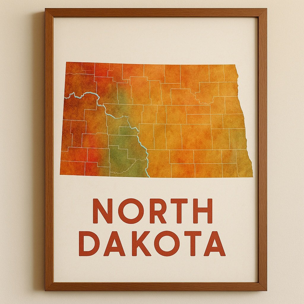 North Dakota haritalı posterler ve tablolar