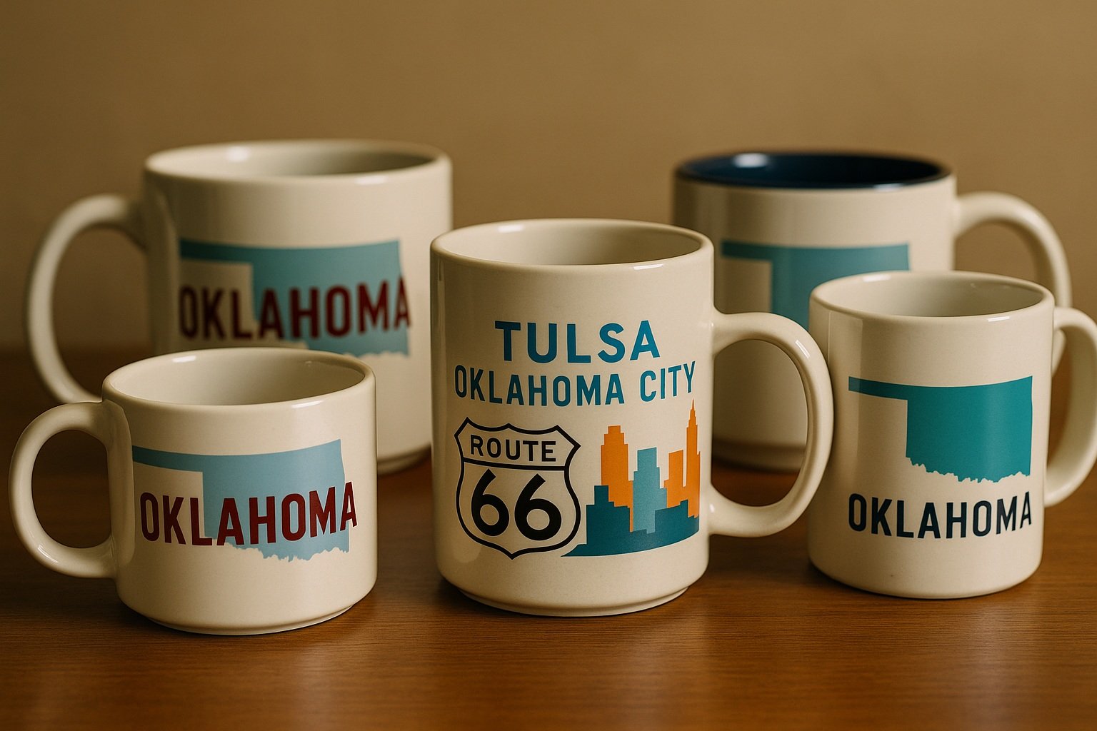 Oklahoma haritalı veya şehir manzaralı kupalar