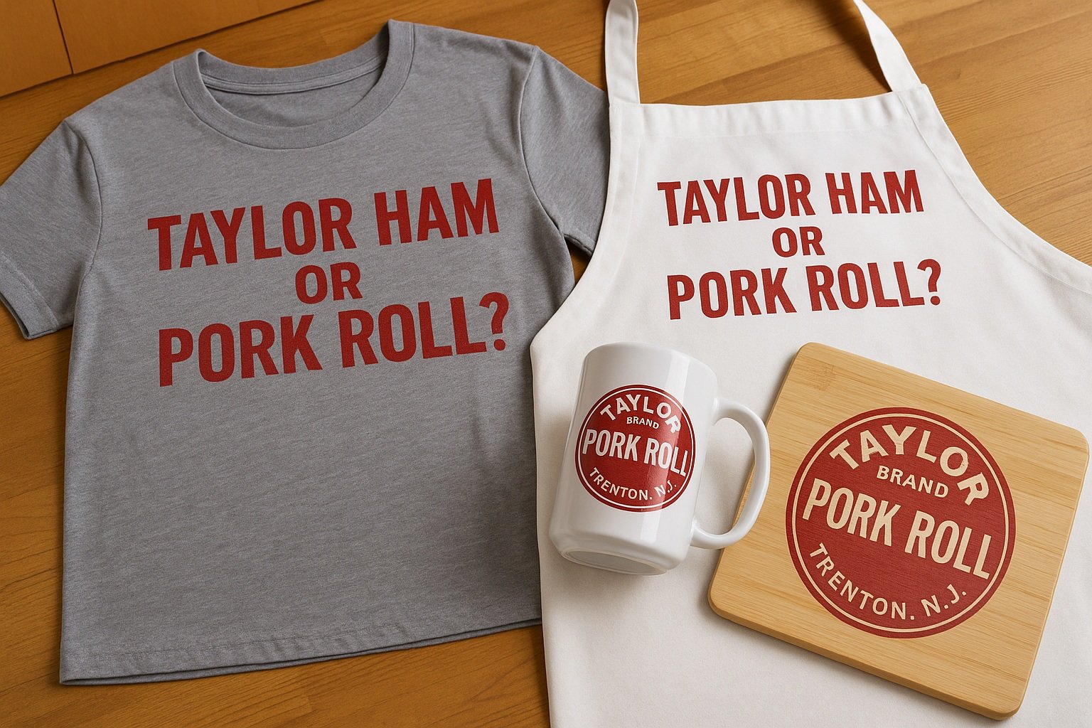 Pork Roll logolu tişörtler ve mutfak eşyalar