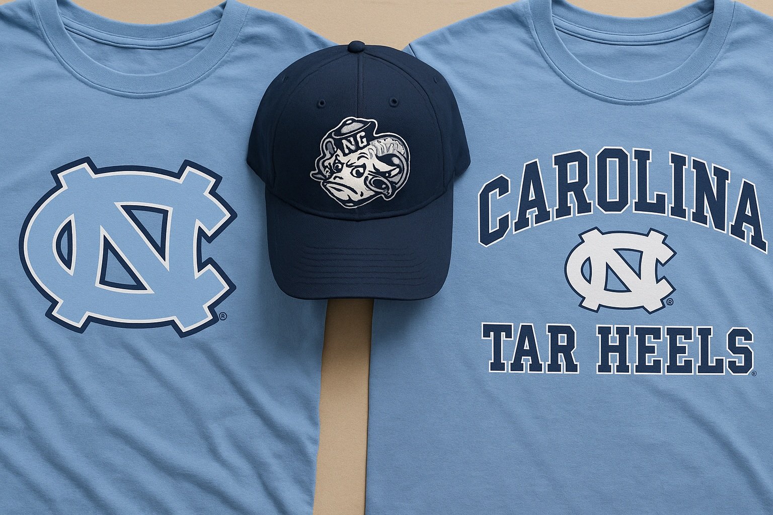 Tar Heel temalı tişörtler ve şapkalar