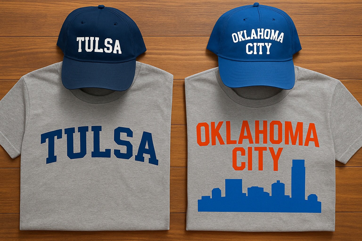Tulsa ve Oklahoma City logolu tişört ve şapkalar
