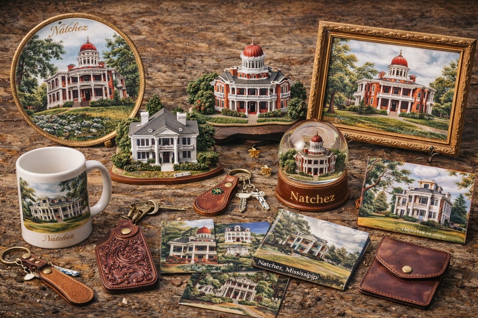 Natchez tarihi evleri temalı hediyelikler